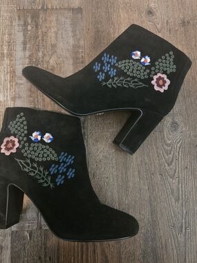 Impo Black Suede Ankle Boots with Multicolor Floral Embroidery